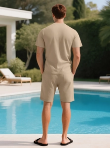 Detailed back view of khaki waffle knit texture on men's summer short sleeve leisure set
