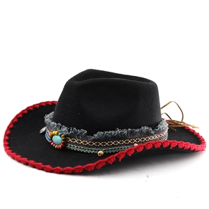 Classic black wool cowboy hat with ethnic woven band and turquoise bead details