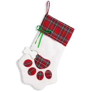 Plaid Christmas dog paw stocking with green ribbon bow and bone accents for holiday decor