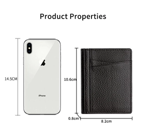 Slim leather card holder size comparison with a smartphone showing 10.6cm height