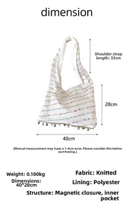 Detailed knit shoulder bag dimensions showing 40x28cm size and colorful fringe accent