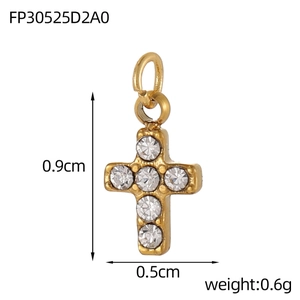 Gold-plated stainless steel cross pendant with five white cubic zirconia stones, 0.9cm