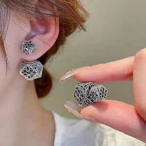 Vintage Hollow Flower Geometric Stud Earrings With 925 Sterling Silver Earring Post Two-Sided Wear Jewelry For Women