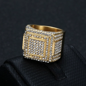 Luxurious gold plated hip hop men's square ring with iced out micro pave crystals