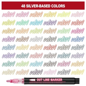 Detailed color chart of 48 silver-based double line outline markers with glitter effect
