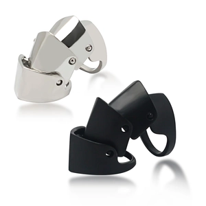 Three-section hinged armor knuckle ring in polished silver and matte black finish