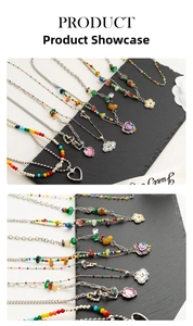 Detailed close-up of colorful Y2K beaded necklaces with heart and star enamel pendants