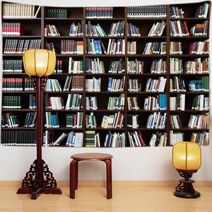 Detailed close-up of vintage library bookshelf wall tapestry for room decor