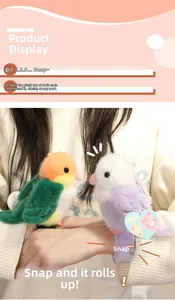 Close-up of cute plush parrot slap bracelets in orange-green and purple-white colors
