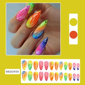 Rainbow gradient stiletto press-on nails with flame pattern and rhinestone accents