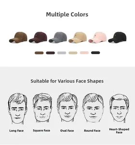 Detail view of corduroy baseball caps in six colors with heart embroidery and face fit guide