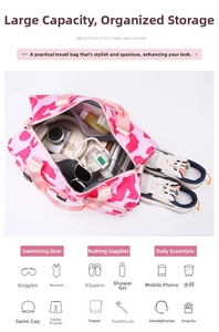 Close-up showing large capacity of pink camouflage duffel bag with storage icons
