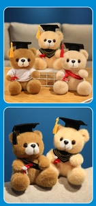 Close-up of plush graduation teddy bears with tassels and graduation certificates