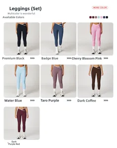 Detail view of high waist yoga leggings showing 7 different colors and stretch fabric