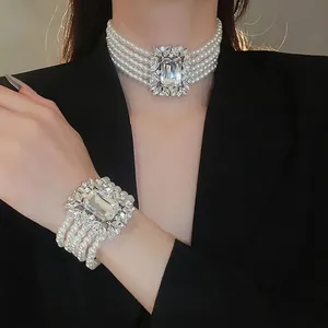 Multi Layer Artificial Pearl Jewelry Necklace Bracelet And Earrings With Zircon Alloy 925 Sterling Silver Earring Post