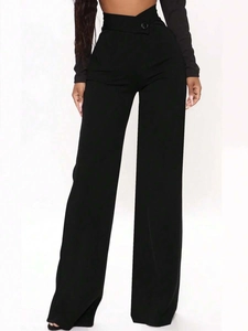 Close-up of high-waisted black straight-leg trousers with single button detail