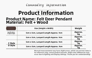 Close-up of felt reindeer ornaments with detailed size info for Christmas decor