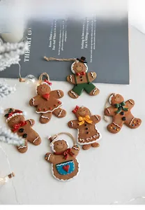Set of 6 resin gingerbread man ornaments with jute loops for Christmas tree decoration