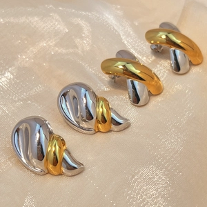 Modern Teardrop Cross Stud Earrings Two Tone Gold Silver Stainless Steel High Polish Geometric Jewelry For Women