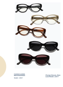 Vertical display of cat eye sunglasses in five colors including black, green, and tortoiseshell