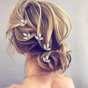 Elegant silver leaf crystal hair pins set for bridal hairstyles on blonde hair