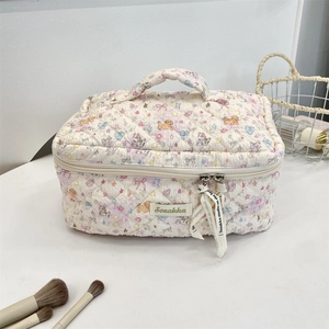 Close-up of quilted makeup bag with cute cartoon prints and double zipper detail