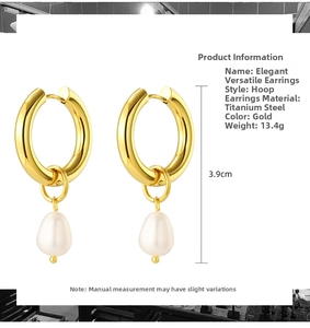 Detailed view of gold plated hoop earrings with pearl pendant, height 3.9cm and weight 13.4g