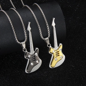 Guitar Pendant Necklace Stainless Steel Chain Alloy Rhinestone Inlaid Rock Music Style Trendy Fashion Accessory