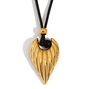 18K gold plated winged heart pendant with black cord necklace on a white background