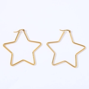 Macro view of gold stainless steel star shaped hoop earrings on white background