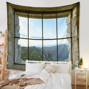 Detailed realistic mountain window landscape tapestry hanging as a bedroom backdrop decoration