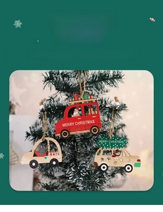 Close-up of wooden vintage car Christmas ornaments with reindeer and Santa on a tree branch