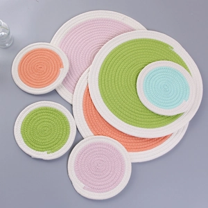 Colorful round braided cotton placemats in multiple sizes for heat resistant table decor