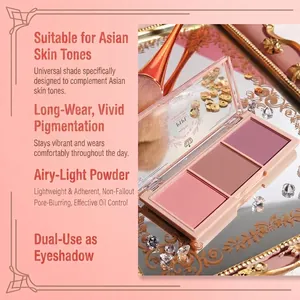 Three-color natural matte blush palette for cheeks and eyes in a transparent rectangular case