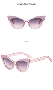 Detailed front and side view of pink cat-eye sunglasses with glitter for children