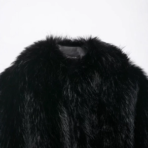 Women's black faux fur short jacket featuring luxury collar and shoulder texture details