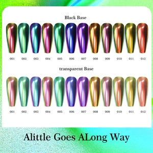 12 colors of chameleon mirror nail powder showing aurora effects on black and clear bases