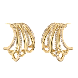Luxurious multi-layer gold-plated C-shaped earrings with micro-pave white zircon stones