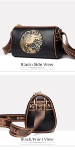 Detail view of retro Boston bag featuring embossed elephant motif and brown piping