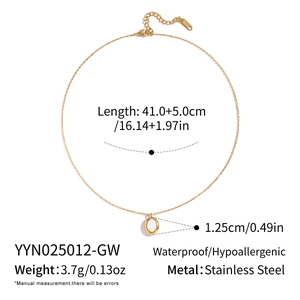 Minimalist gold stainless steel chain necklace with an oval pendant on a white background