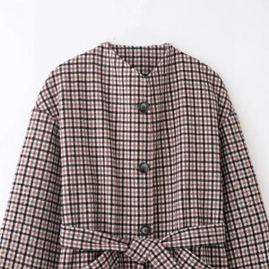Elegant plaid long coat with standing collar and waist belt in vintage brown and black