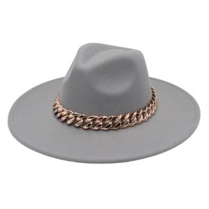 Wide Brim Fedora Hat Woolen Felt With Thick Gold Metal Chain Decoration Western Jazz Style For Men Women