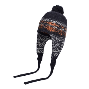 Winter knitted earflap trapper hat with orange snowflake pattern and pompom detail