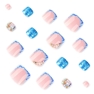 Short square 3D press-on toenails with blue waves, 3D roses, and luxury pearls