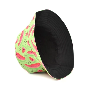 Detail of summer bucket hat showing watermelon print pattern and black fabric lining