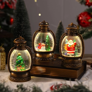 Detail of vintage Christmas lanterns with Santa and snowman scenes on snowy surface