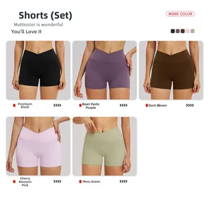 Detail of high-waisted yoga set showing five colors in premium brushed elastic fabric