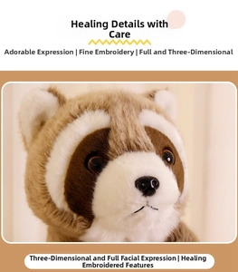 Close-up of the detailed raccoon plush toy featuring exquisite embroidery and soft fur
