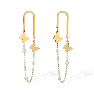 Elegant gold butterfly tassel earrings with U-shaped bar and delicate pearl chains