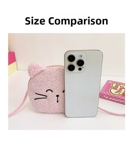 Pink plush cat crossbody bag size comparison with smartphone showing compact dimensions